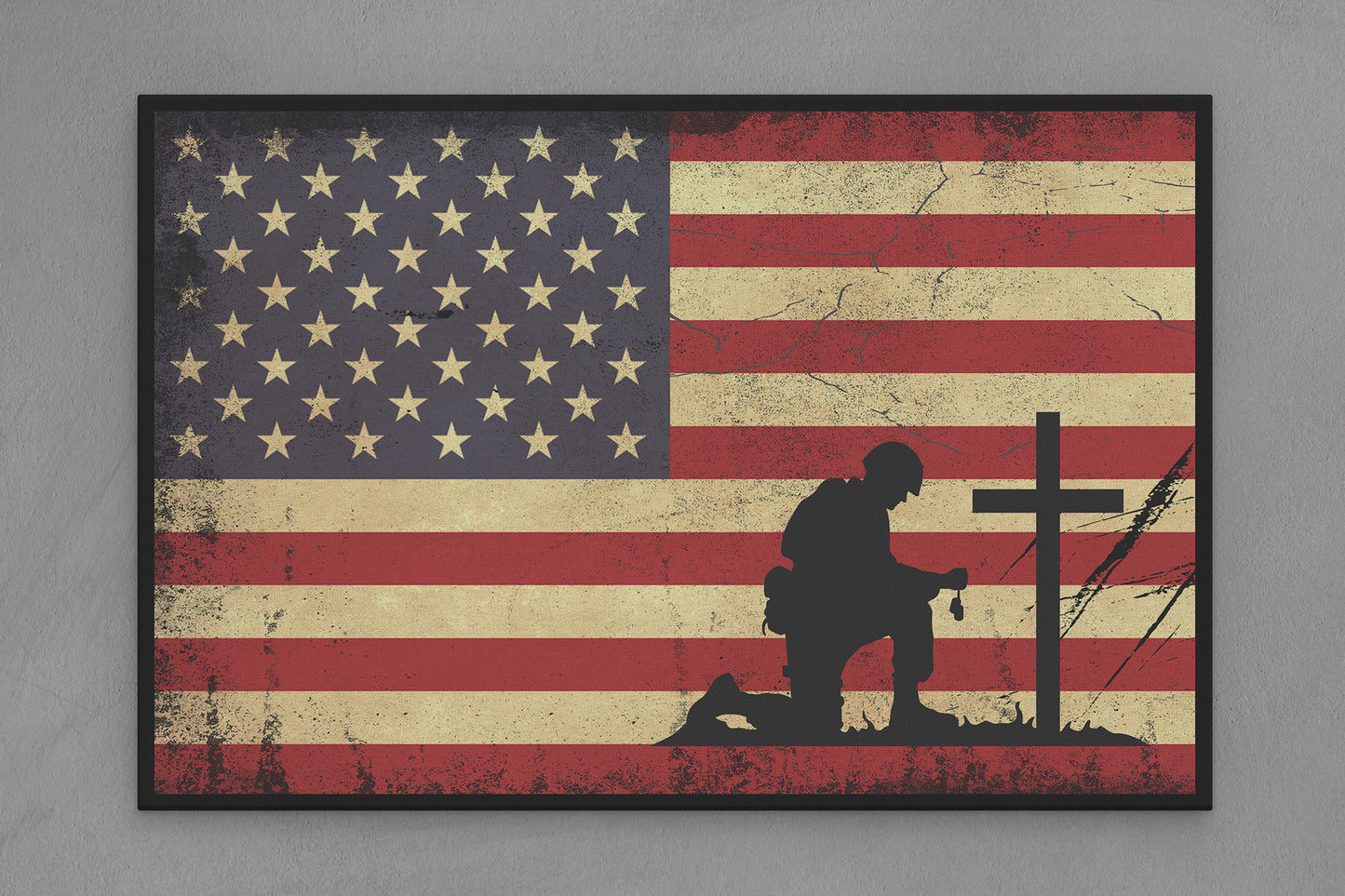 United States Canvas Flag with Military "Soldier and Cross" Image