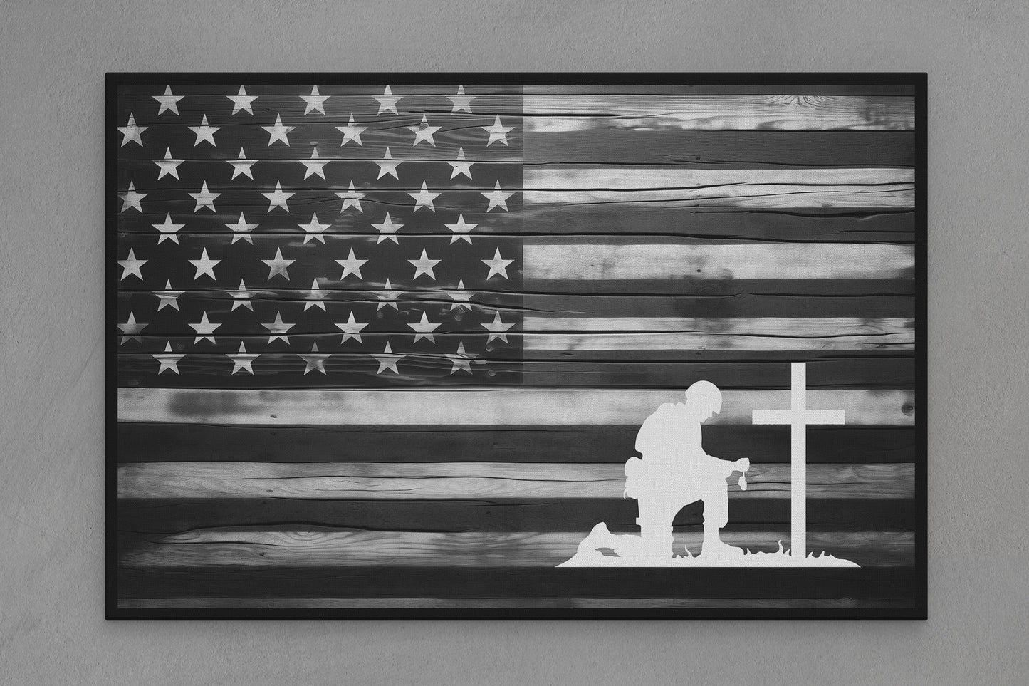 United States Canvas Flag with Military "Soldier and Cross" Image