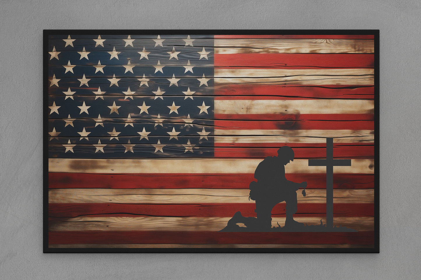 United States Canvas Flag with Military "Soldier and Cross" Image