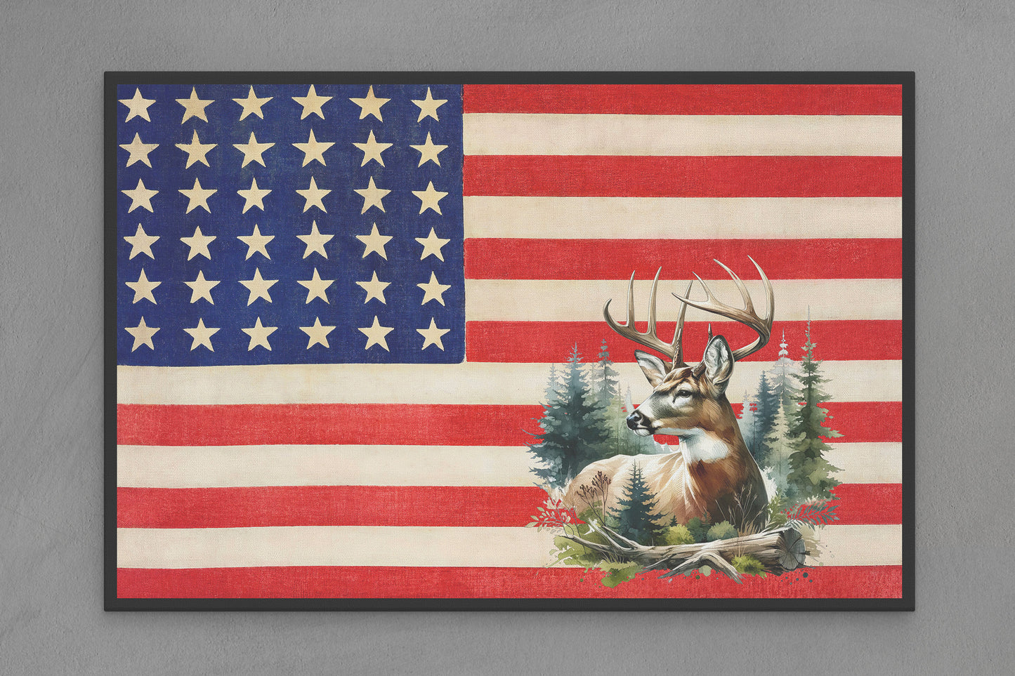 United States Canvas Flag with Deer "In Woods" Image