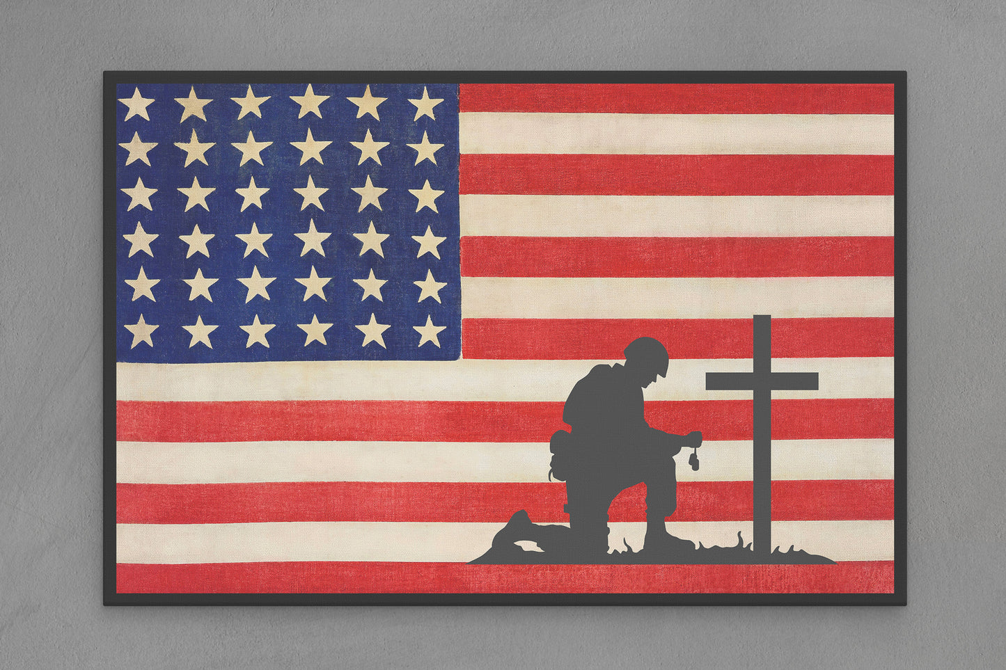 United States Canvas Flag with Military "Soldier and Cross" Image
