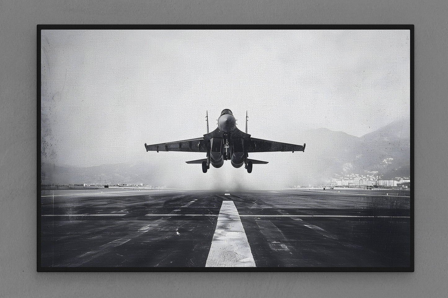 Canvas Frame with "Vintage Fighter Jet Taking Off" Image