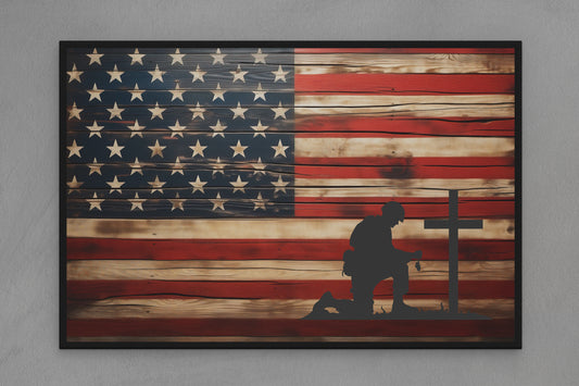 United States Canvas Flag with Military "Soldier and Cross" Image