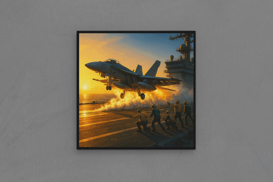 Canvas Frame with "Fighter Jet Flying Off Ship" Image