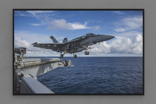 Canvas Frame with "Fighter Jet Flying Off Ship" Image