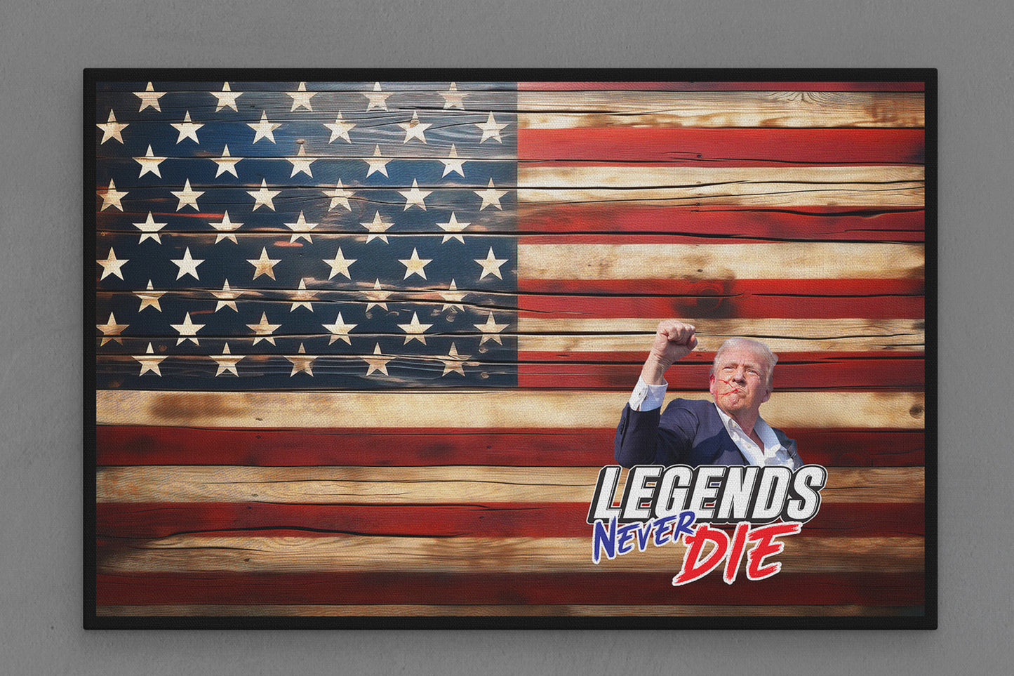 United States Canvas Flag with "Trump - Legends Never Die" Image (Color Text)