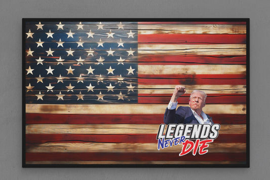 United States Canvas Flag with "Trump - Legends Never Die" Image (Color Text)