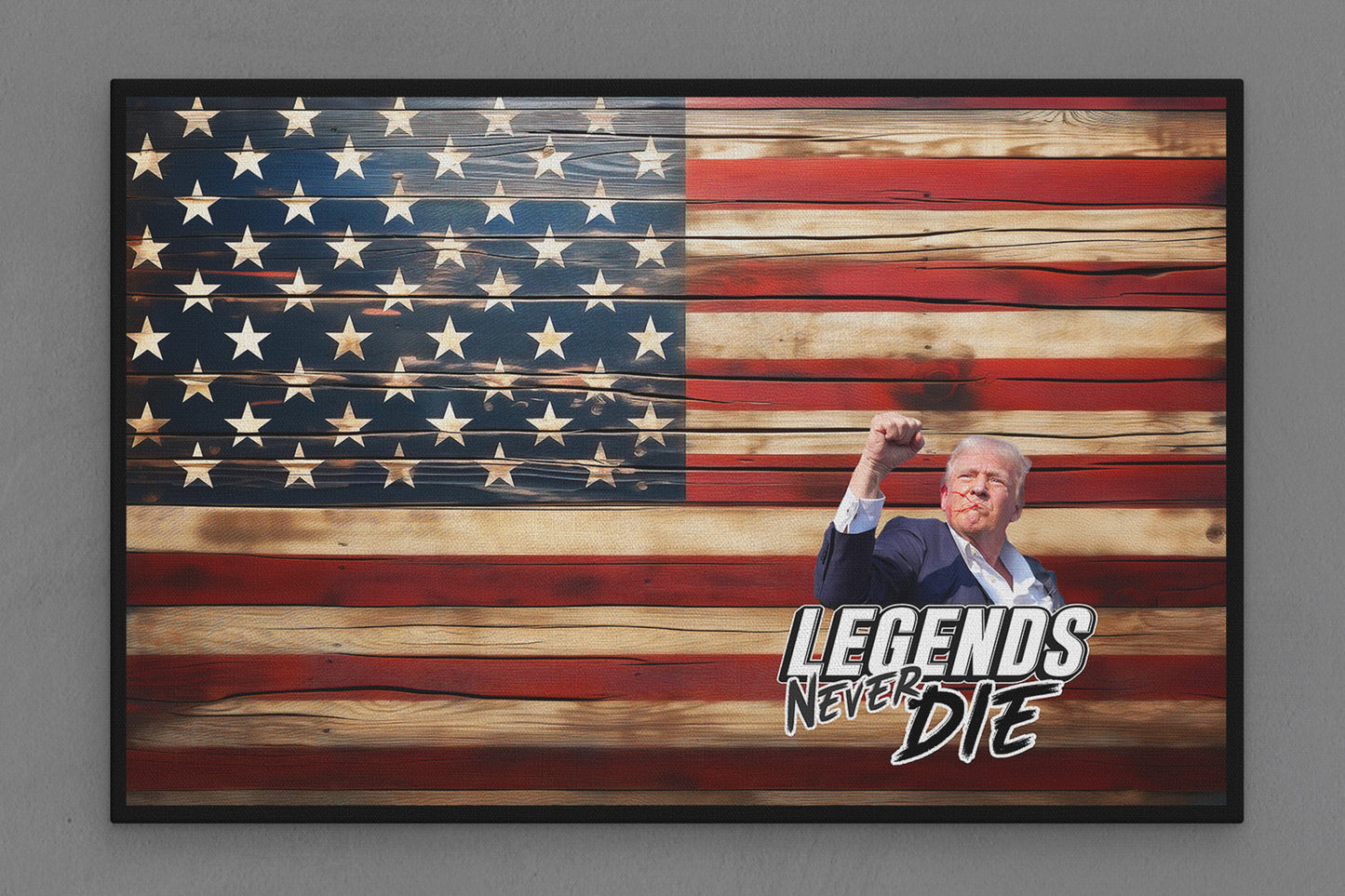 United States Canvas Flag with "Trump - Legends Never Die" Image (Black & White Text)