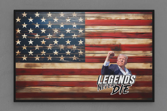 United States Canvas Flag with "Trump - Legends Never Die" Image (Black & White Text)