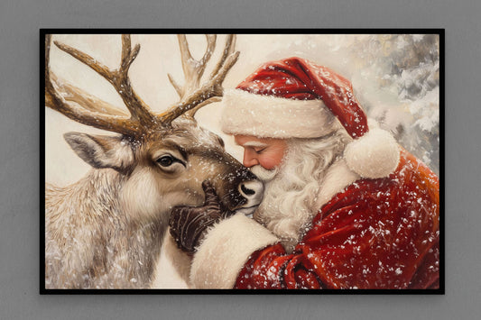 Canvas Frame with "Santa Claus and Reindeer Kiss" Image