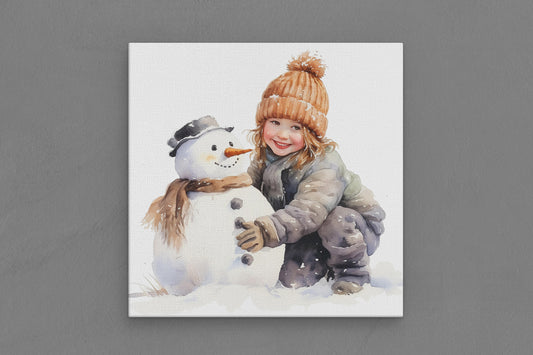 Canvas Frame with "Snowman and Girl" 01 Image