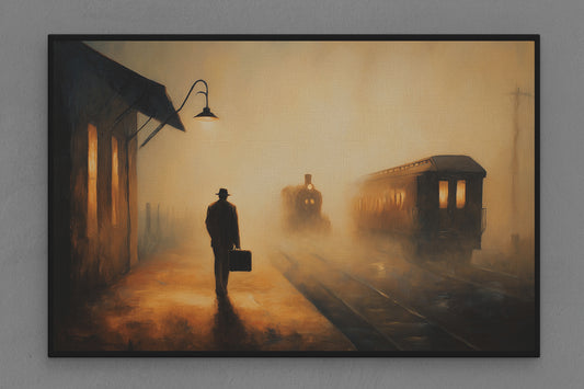 Canvas Frame with "Train Station with Man Waiting" Image