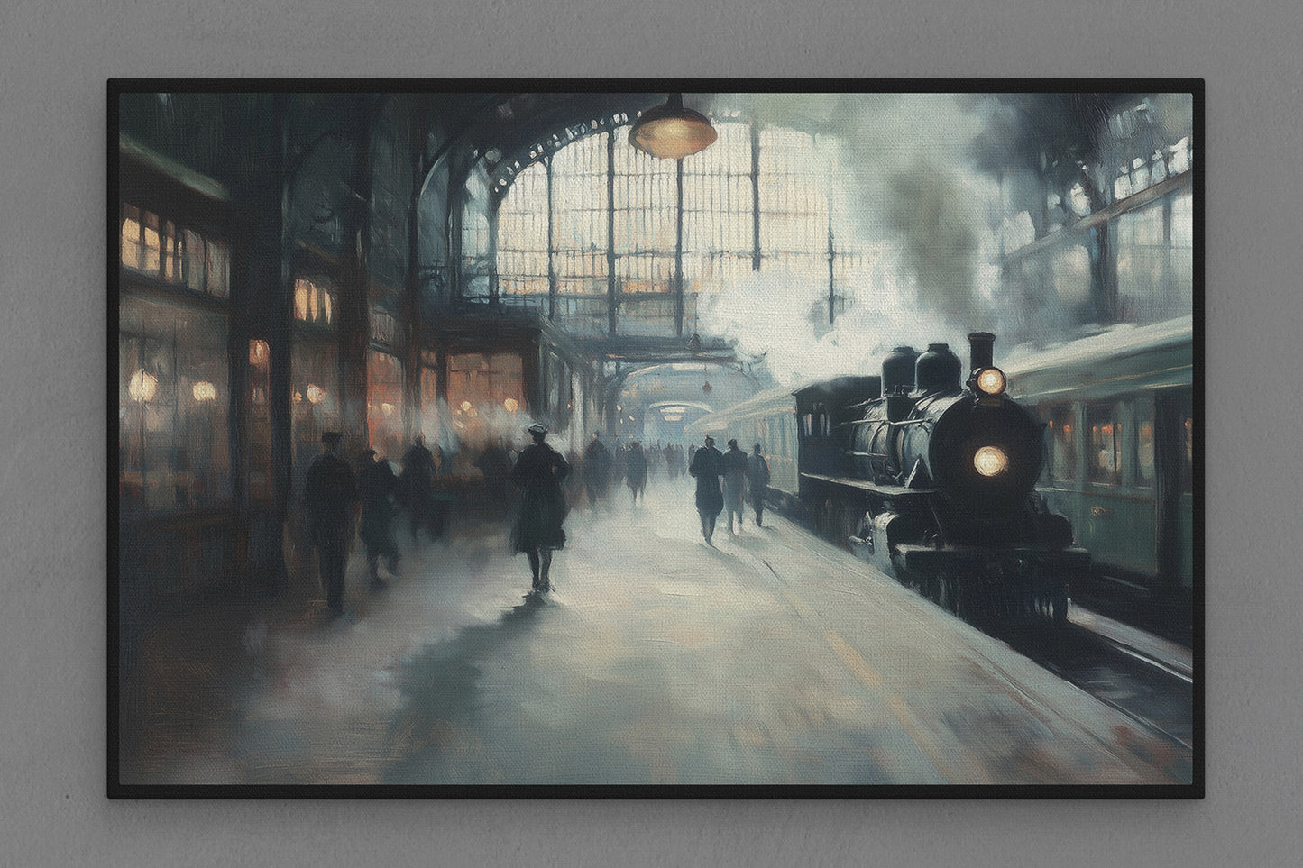 Canvas Frame with "Train Station with People Waiting" Image