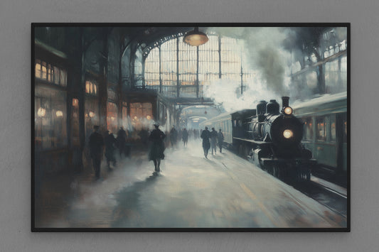 Canvas Frame with "Train Station with People Waiting" Image