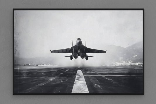 Canvas Frame with "Vintage Fighter Jet Taking Off" Image